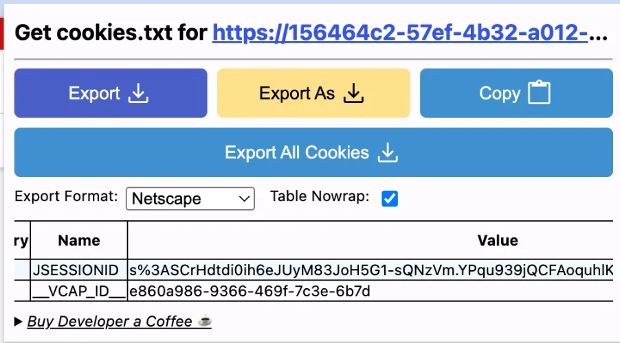 Exported cookies showing JSESSIONID and __VCAP_ID__
